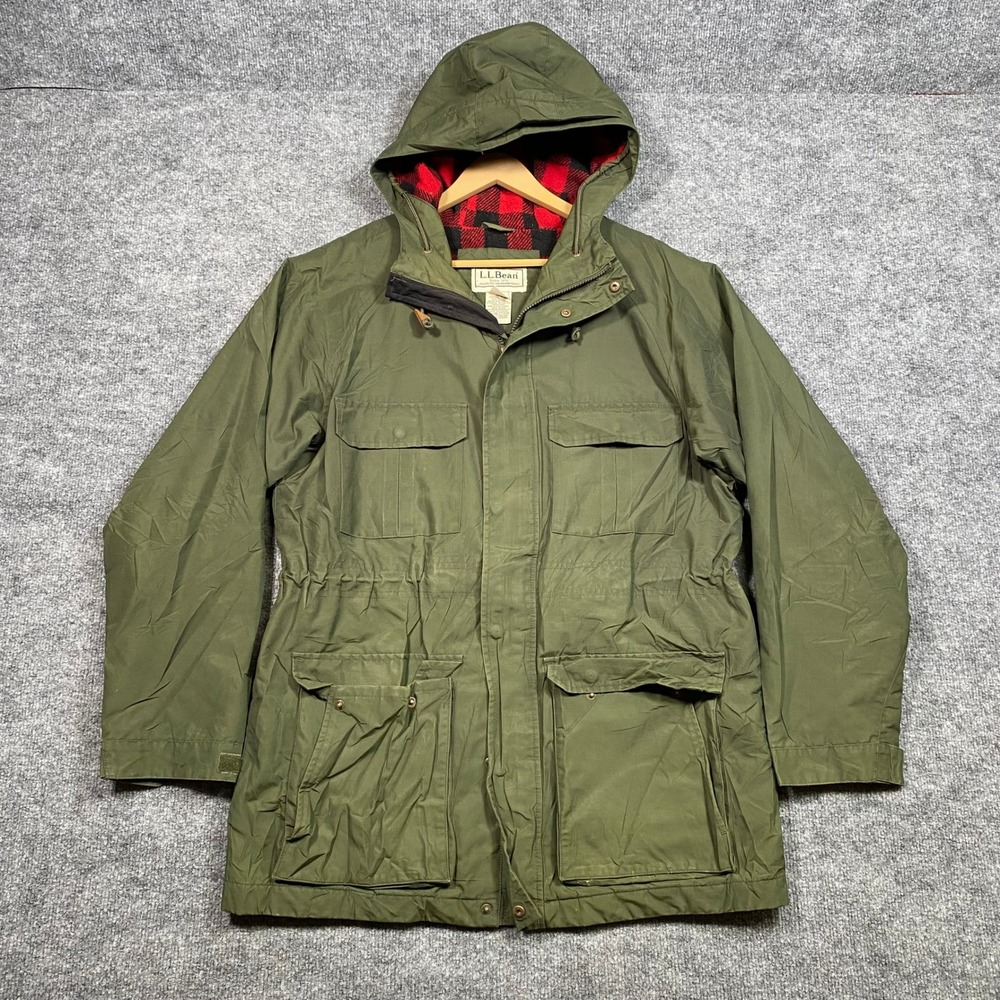 LL‎ Bean Mens Mountain Parka Olive Green Wool Plaid Lined Hooded Large 273556